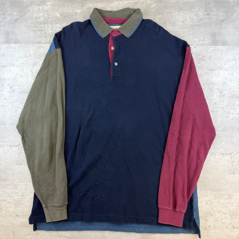 Eddie Bauer Mens XL Long Sleeve Colorblock Polo Shirt Vintage Cotton Pique Navy
